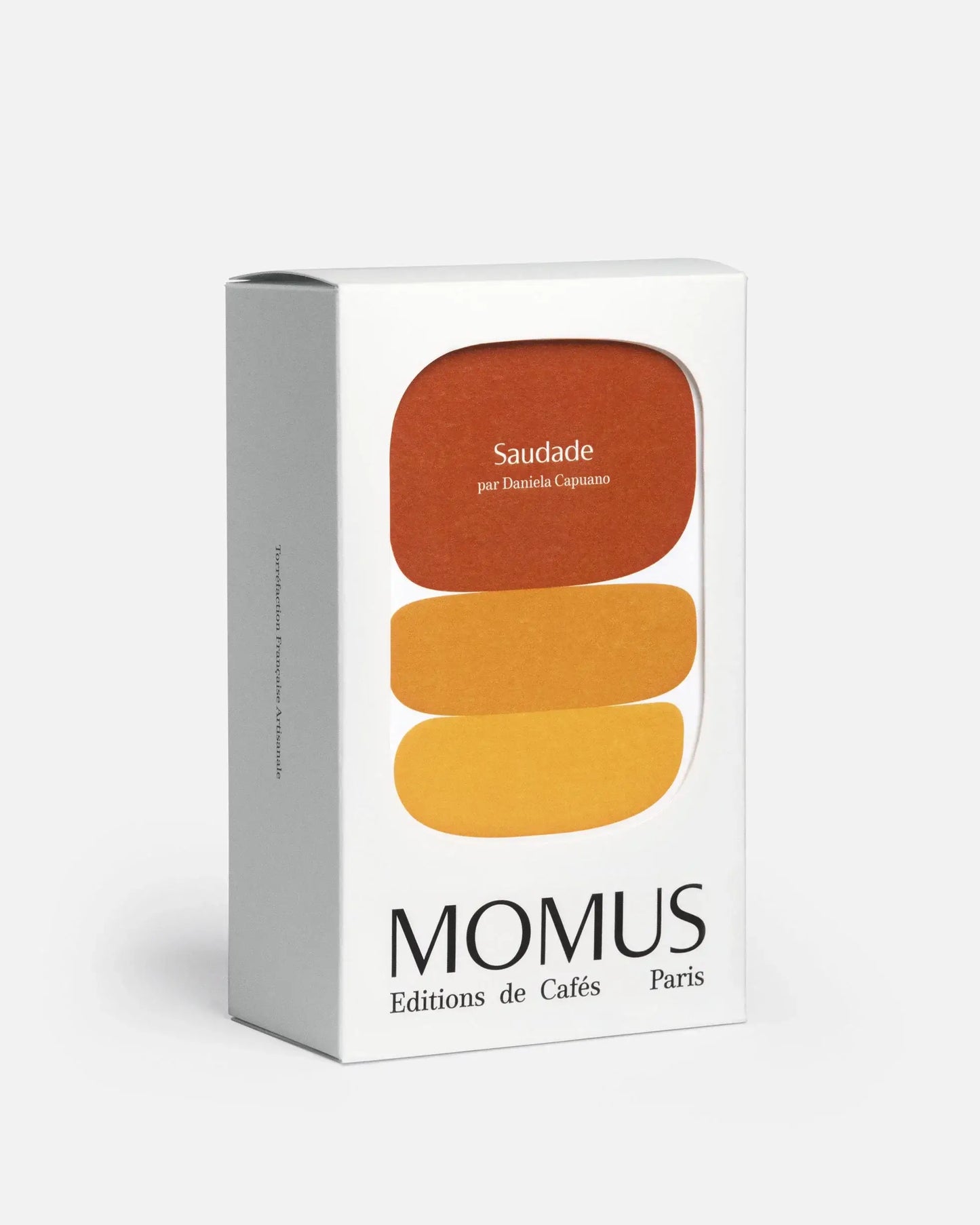 Saudade - Packaging du Café Espresso Doux Floral du Brésil de Momus. Boîte de 200g. Création spéciale par Daniela Capuano, MOF.