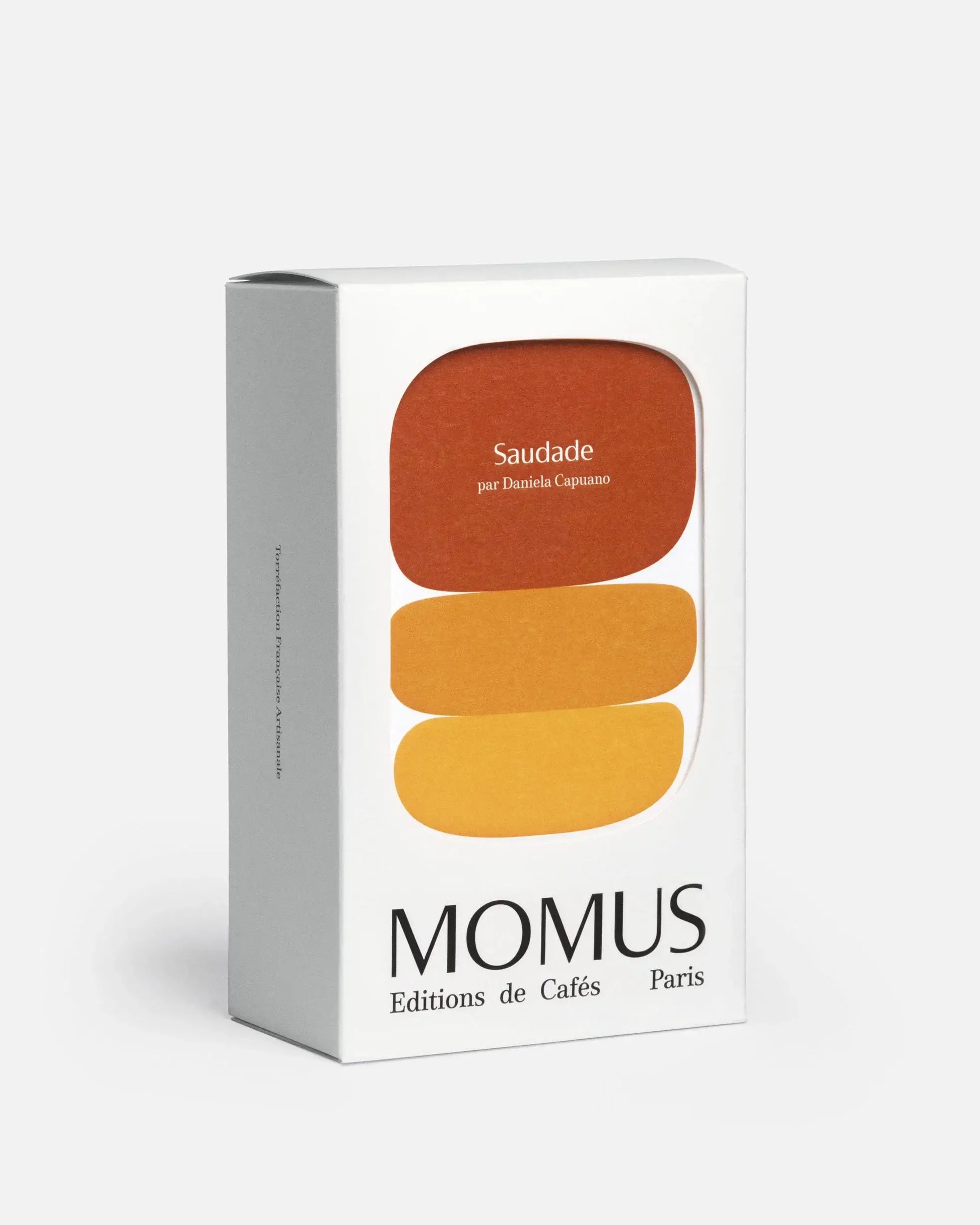 Saudade - Packaging du Café Espresso Doux Floral du Brésil de Momus. Boîte de 200g. Création spéciale par Daniela Capuano, MOF.