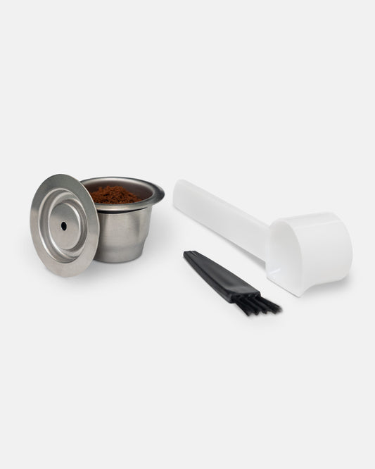 Capsule de café réutilisable en inox avec couvercle, cuillère doseuse et brosse de nettoyage