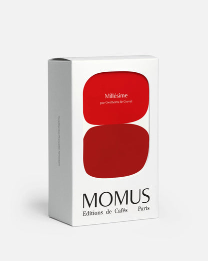 Café Millésime en sachet kraft 200g, création Gwhilherm de Cerval pour variété Red Catuai Momus Éditions de Cafés