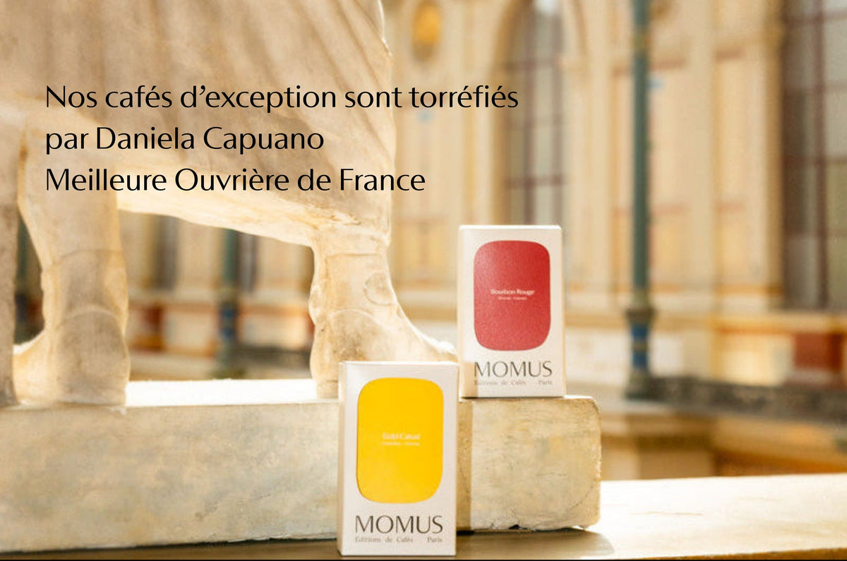 Deux packaging de cafes_d_exception_torrefies_Par_Daniela_Capuano_Meilleure_Ouvriere_de_France posés au pied d'une statue de pierre dans la Galerie des Beaux arts