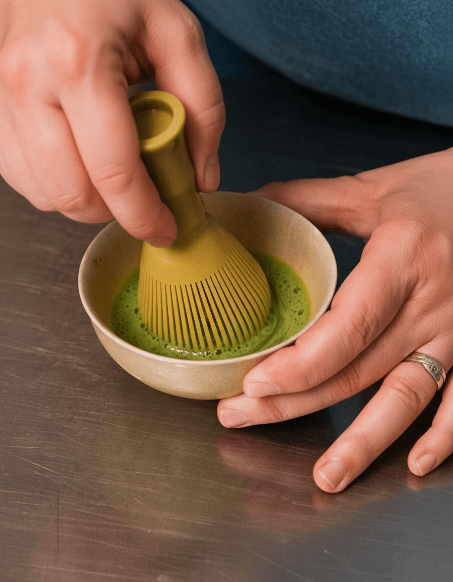 Personne utilisant un chasen en bambou pour fouetter le thé matcha dans un bol, accessoire traditionnel pour réussir une mousse fine et onctueuse.
