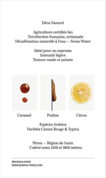 Image de Déca Naturel, café décaféiné avec profils caramel, praline, citron, cultivé au Pérou.