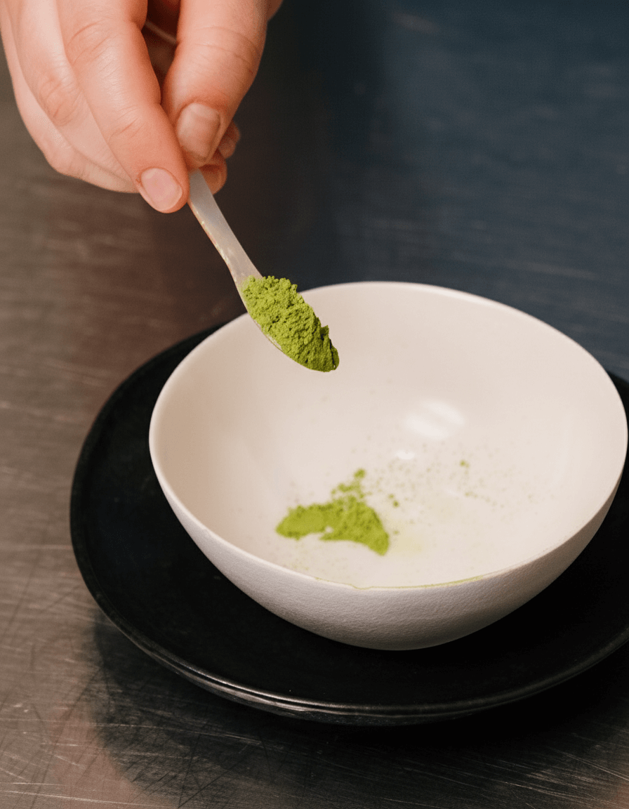 Préparation traditionnelle du matcha Grand Cru d'Uji avec cuillère à matcha dans un bol blanc